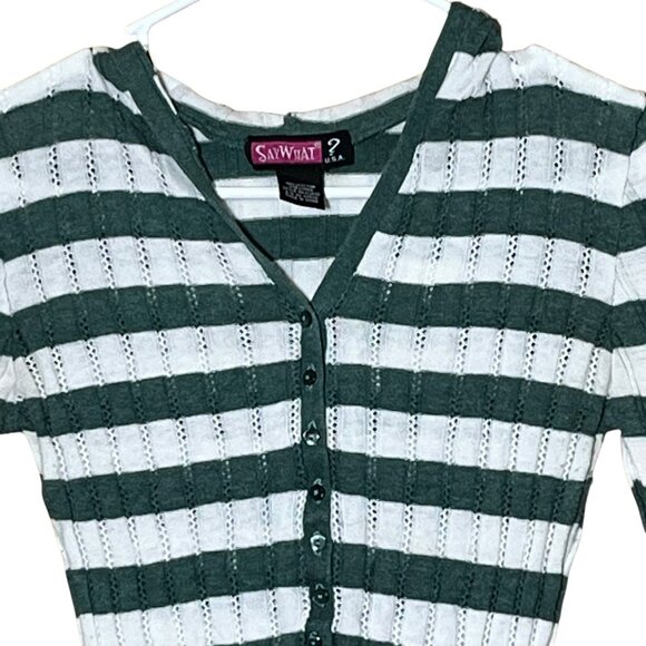 VTG Y2K Say What? Wm's Cotton Long Sleeve Hood V Neck Stripe Pullover Sz L Bella - Picture 2 of 5